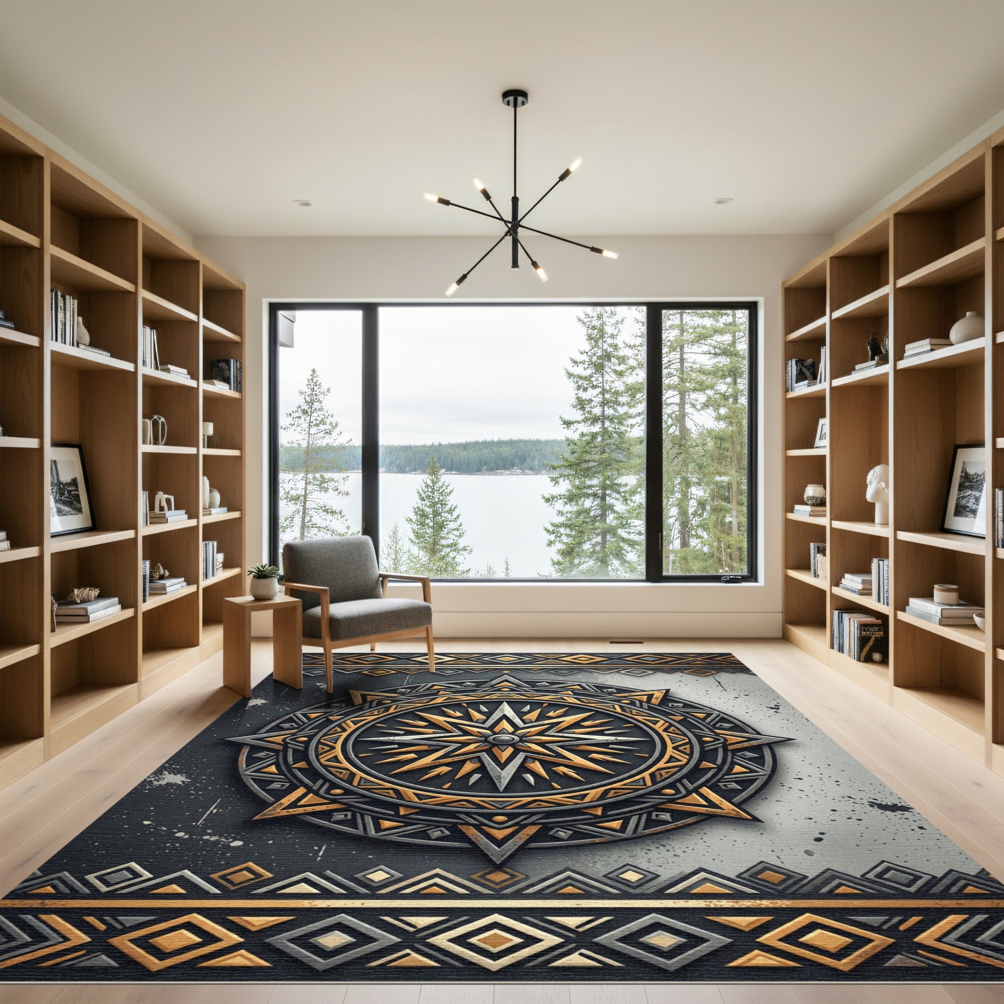 Golden Star Compass Geometric Monochromatic Rug