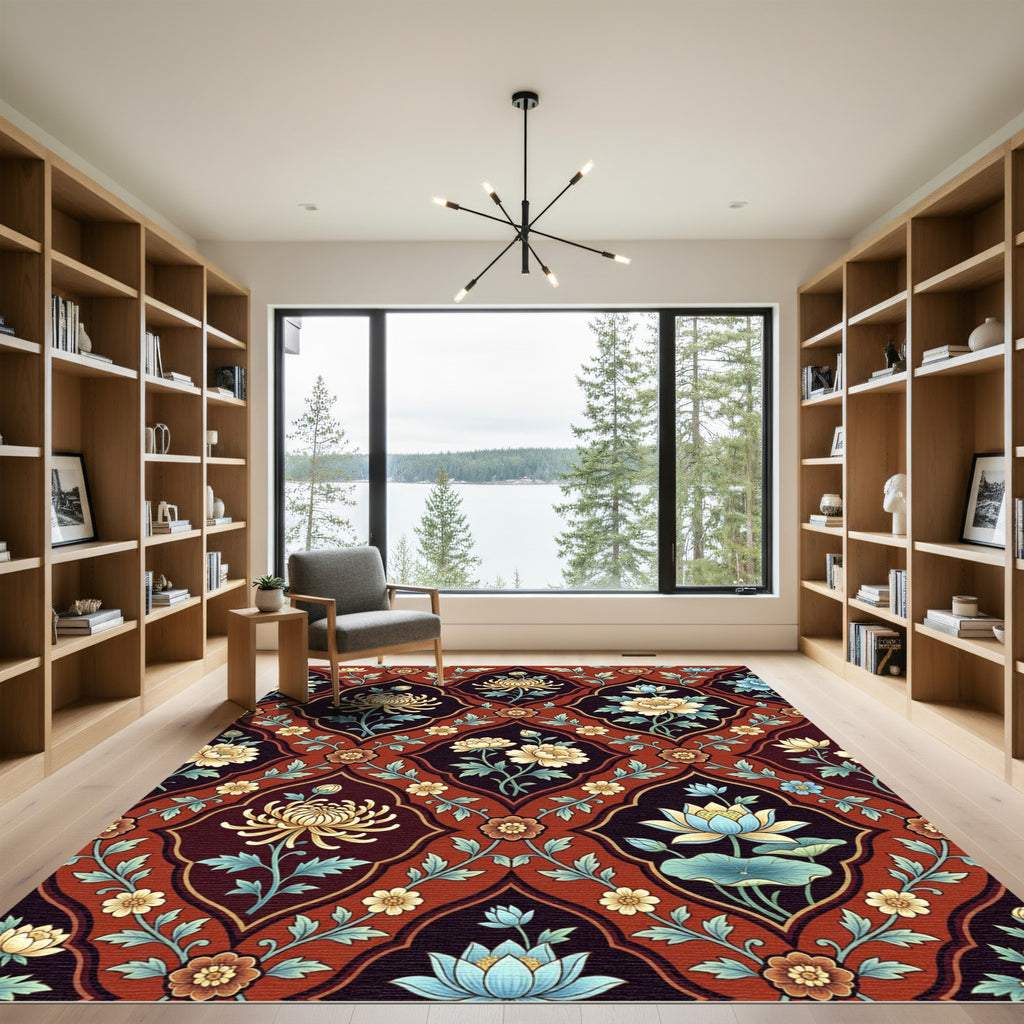 Rich Crimson Chinoiserie Floral Medallion Rug