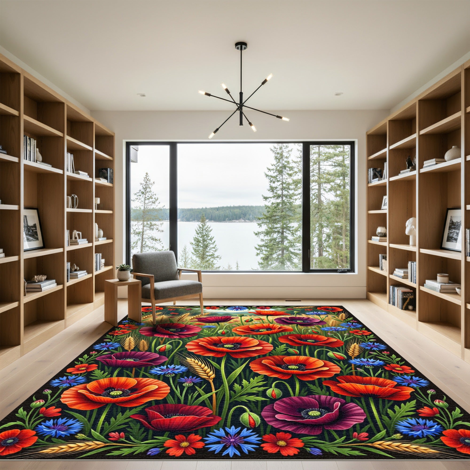 Vibrant Red Poppy Cornflower Wheat Field Rug