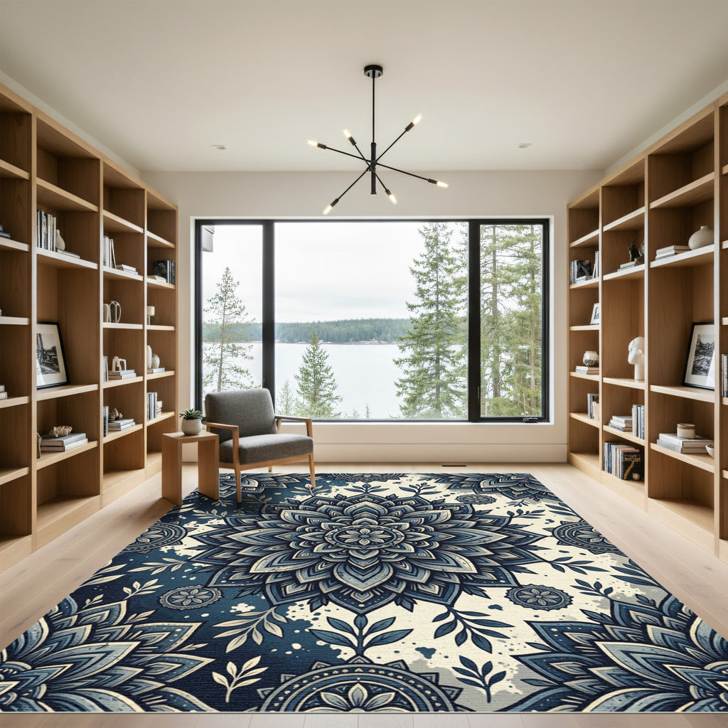 Midnight Blue Indigo Floral Mandala Rug
