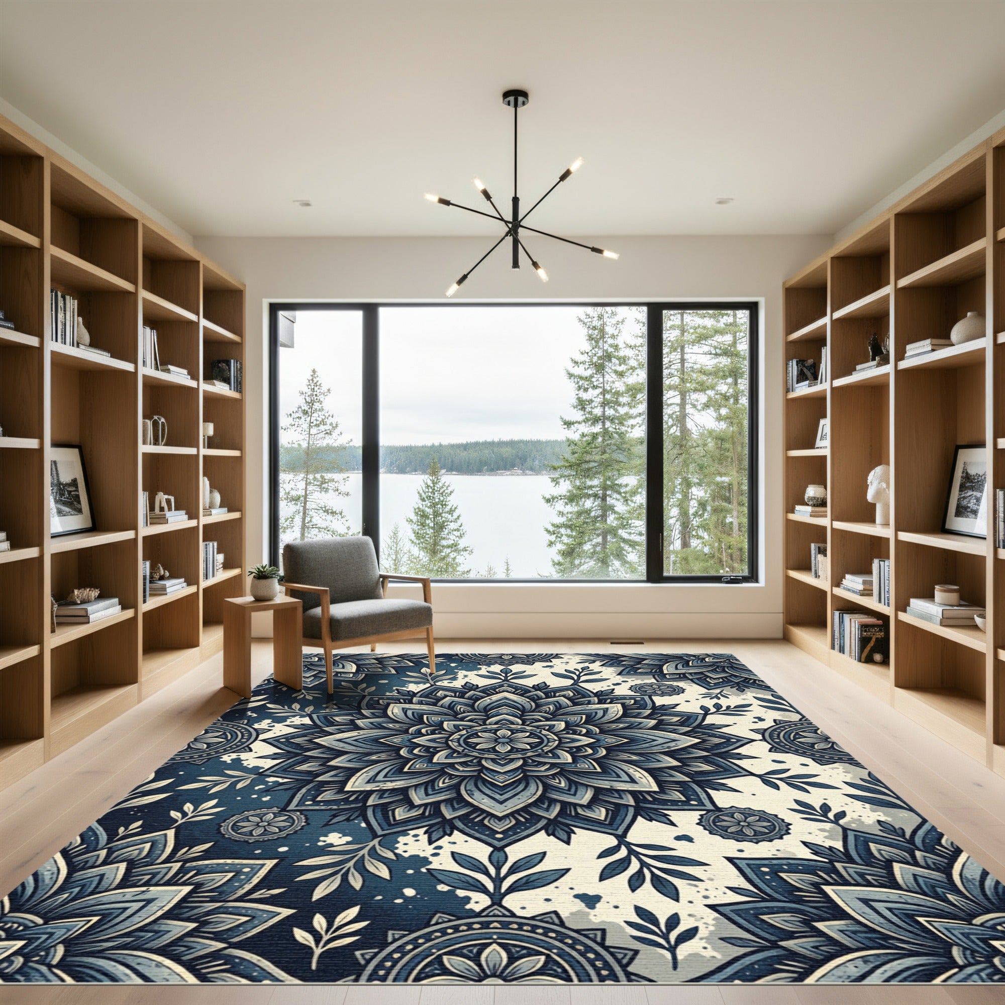 Midnight Blue Indigo Floral Mandala Rug