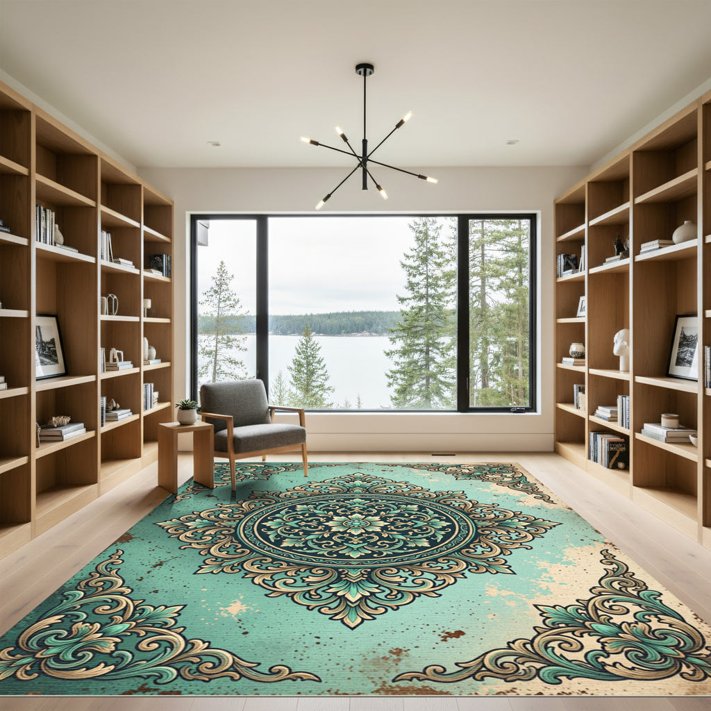 Antique Teal Ornate Floral Damask Rug