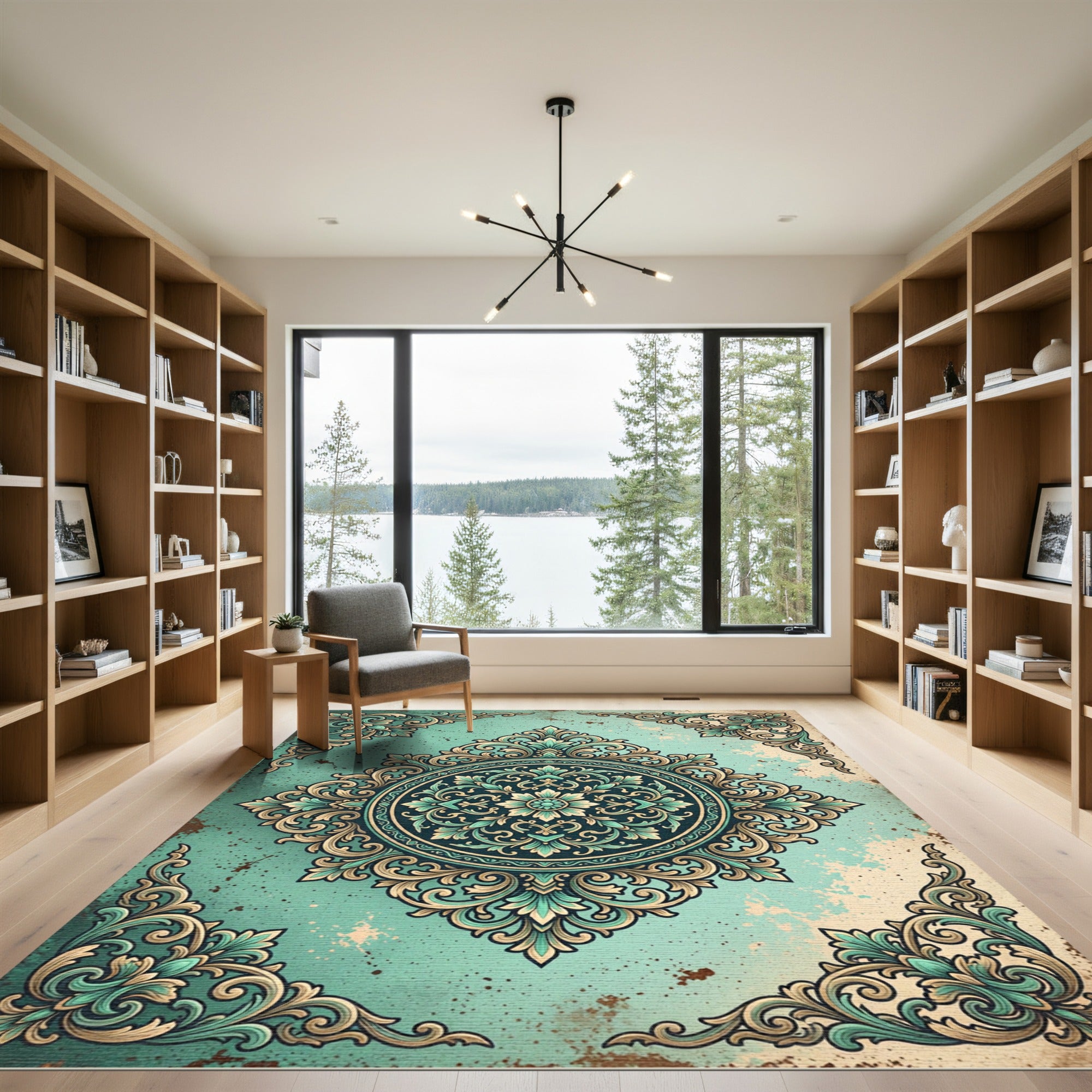 Antique Teal Ornate Floral Damask Rug