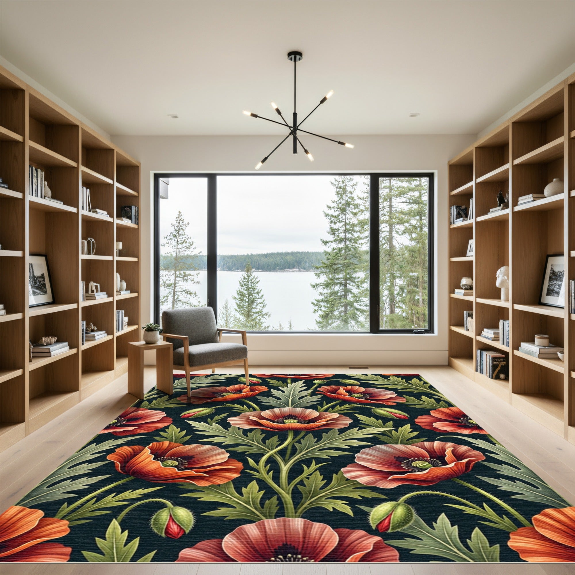 Elegant Botanical Poppy Midnight Field Rug