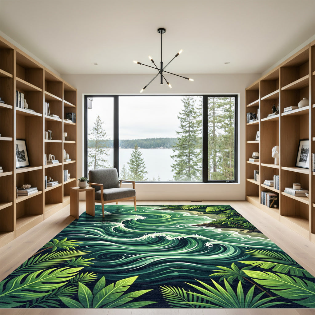 Lush Emerald Tropical Ocean Swirl Rug