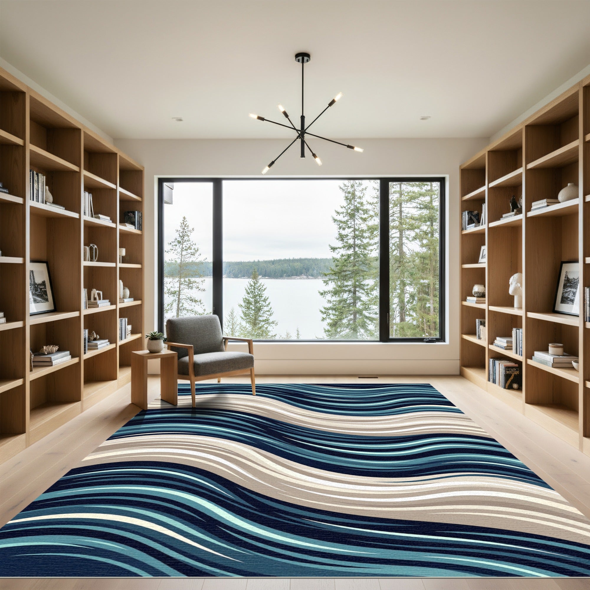 Modern Blue and Sand Wavy Lines Rug