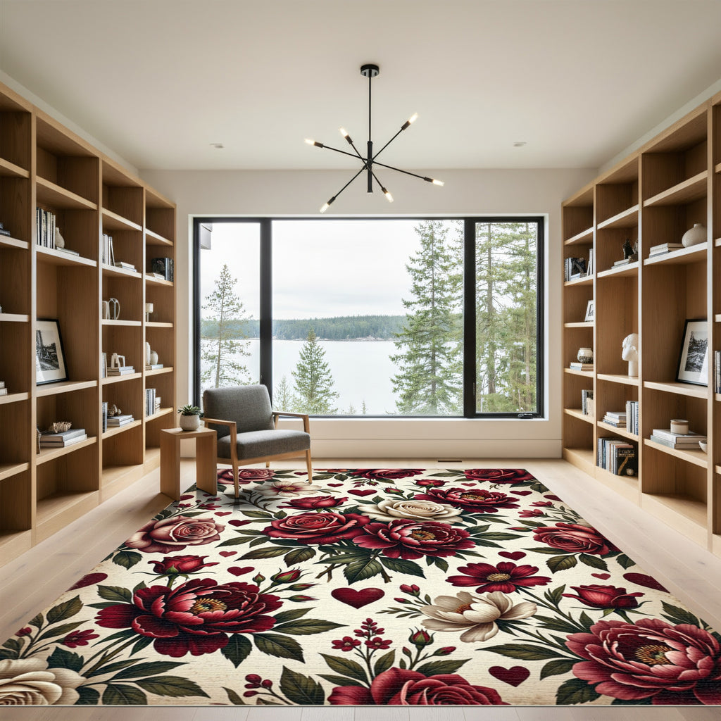 Romantic Crimson Rose and Heart Bouquet Rug