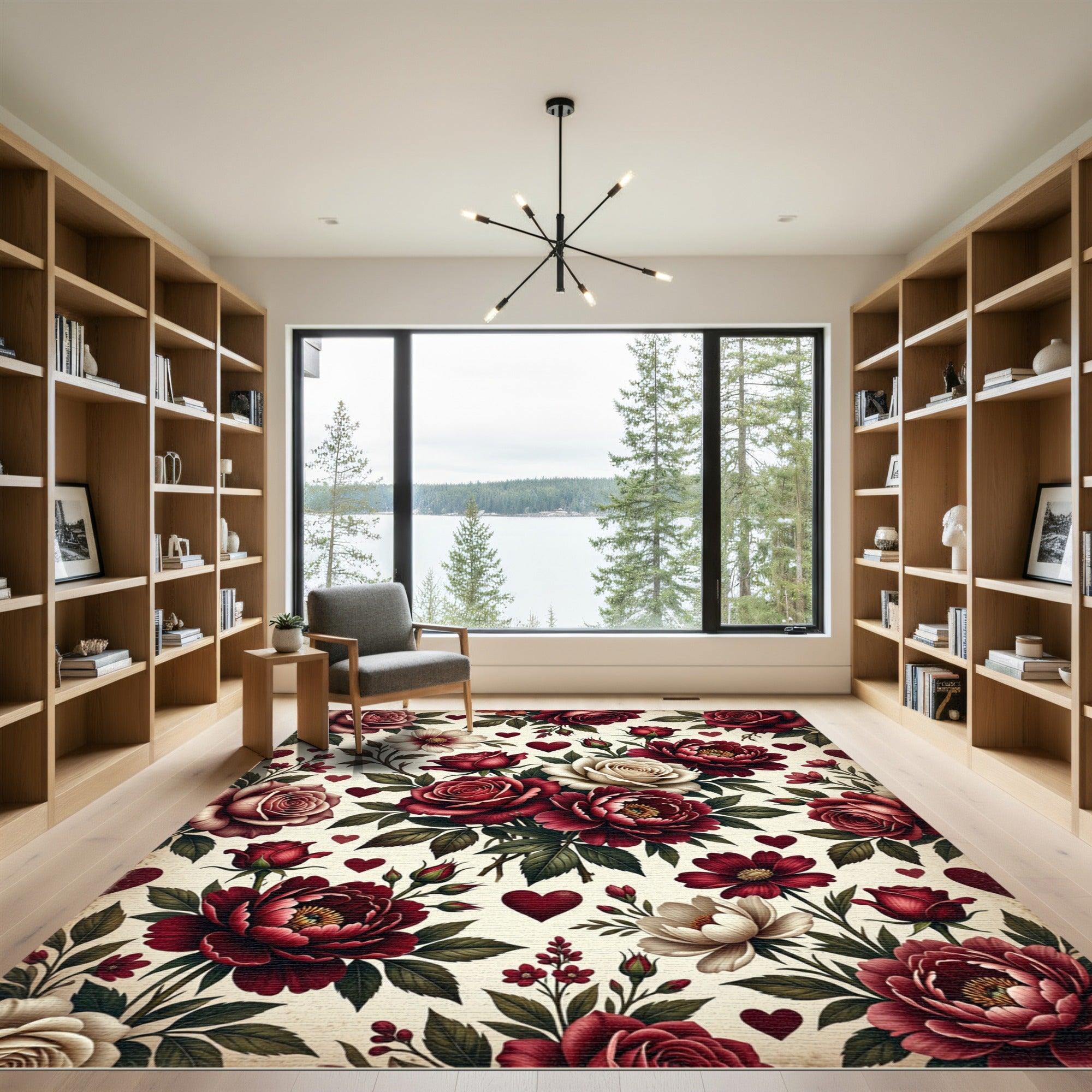 Romantic Crimson Rose and Heart Bouquet Rug