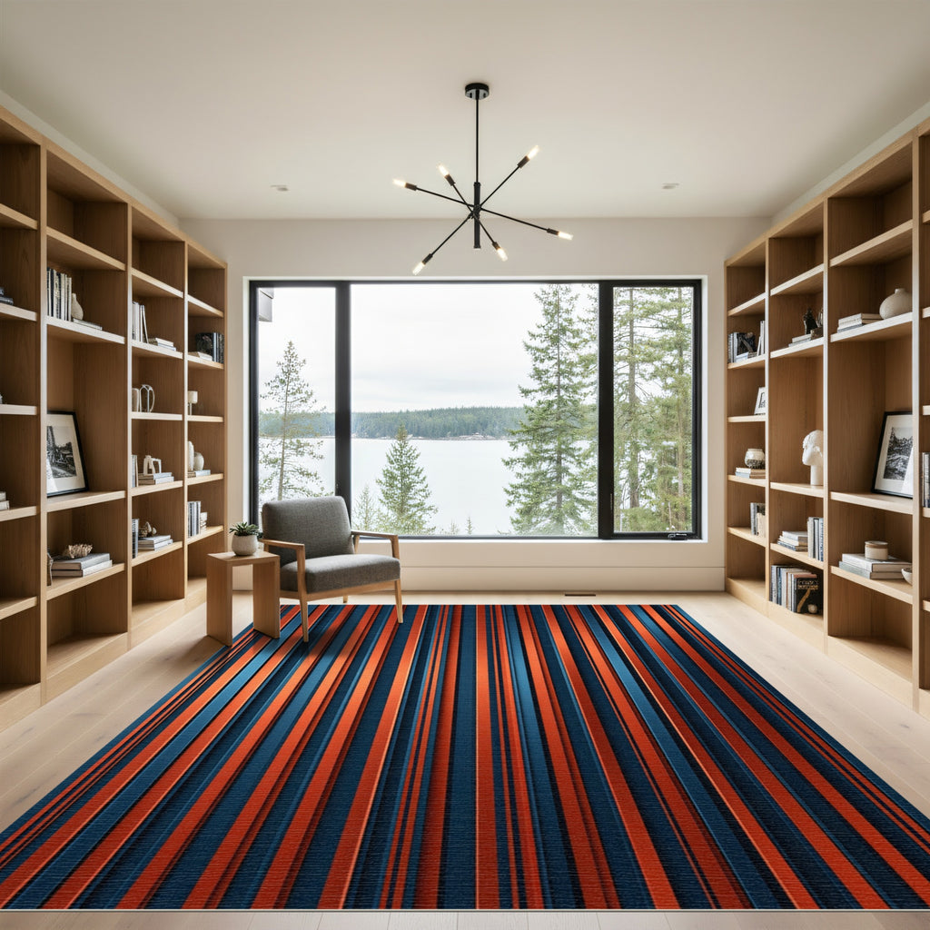 Bold Orange Navy Vertical Line Rug