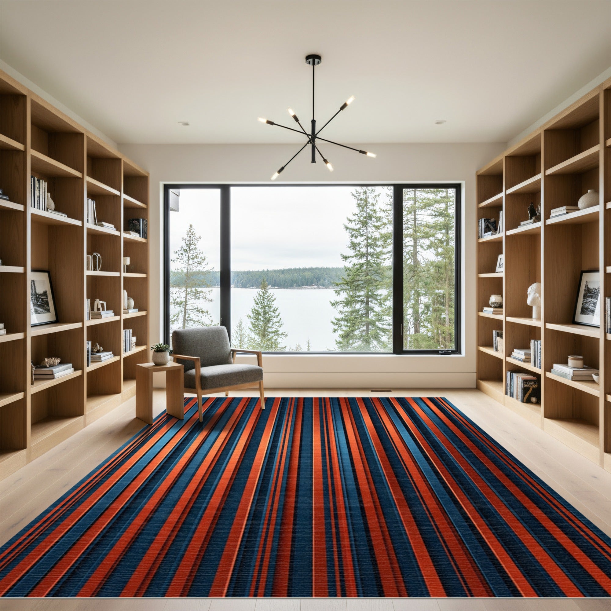 Bold Orange Navy Vertical Line Rug