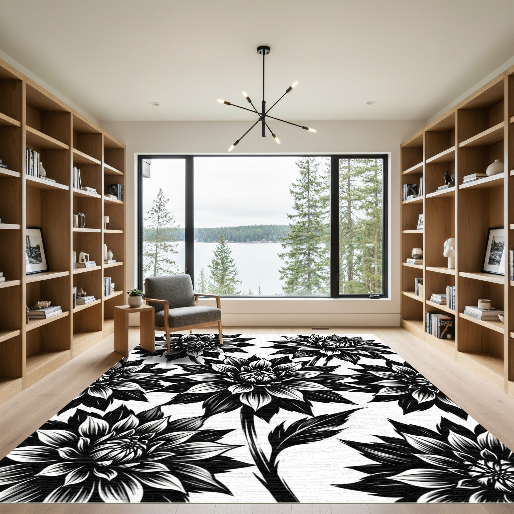 Bold Black and White Dahlia Floral Rug