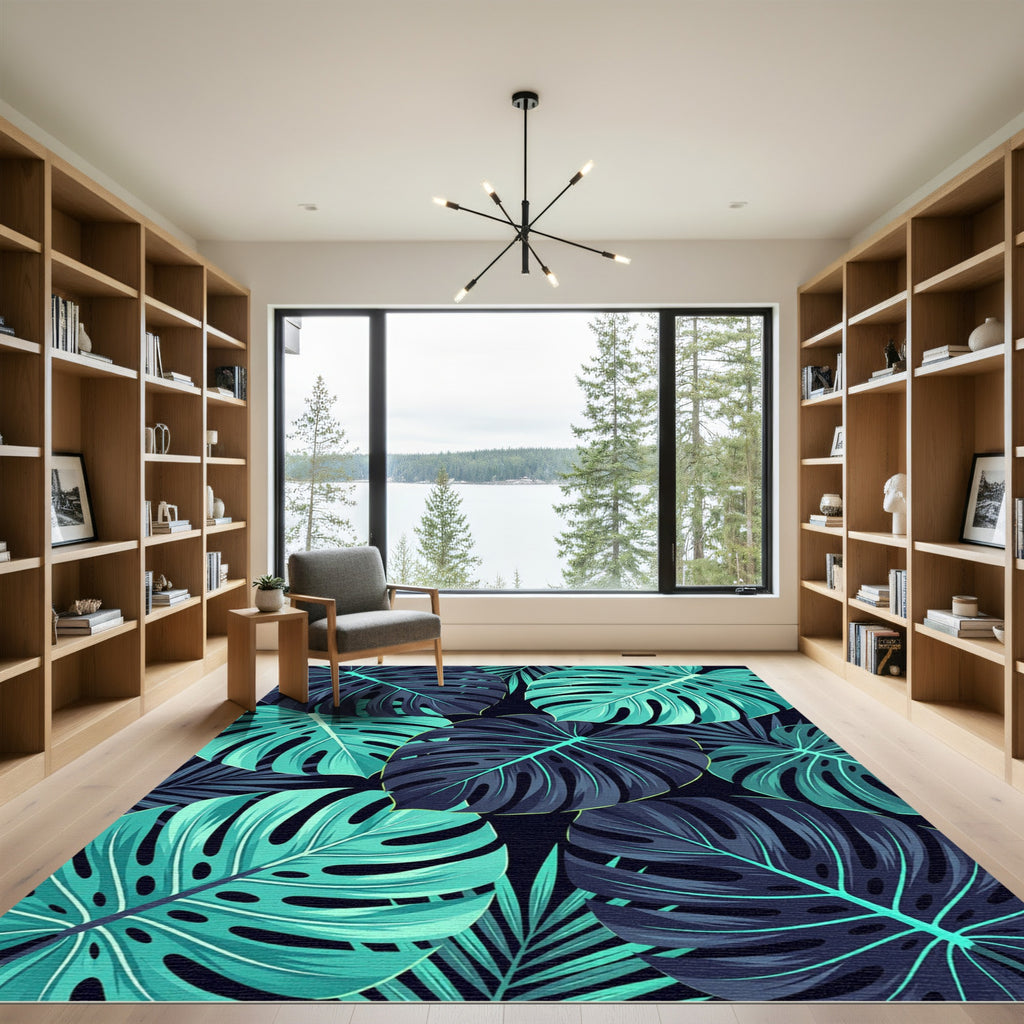Lush Teal Tropical Monstera Foliage Rug