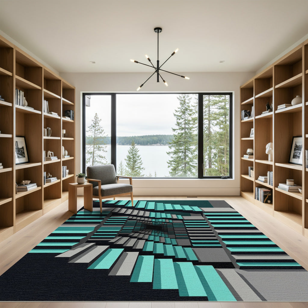 Geometric Teal and Gray Infinite Stairs Rug