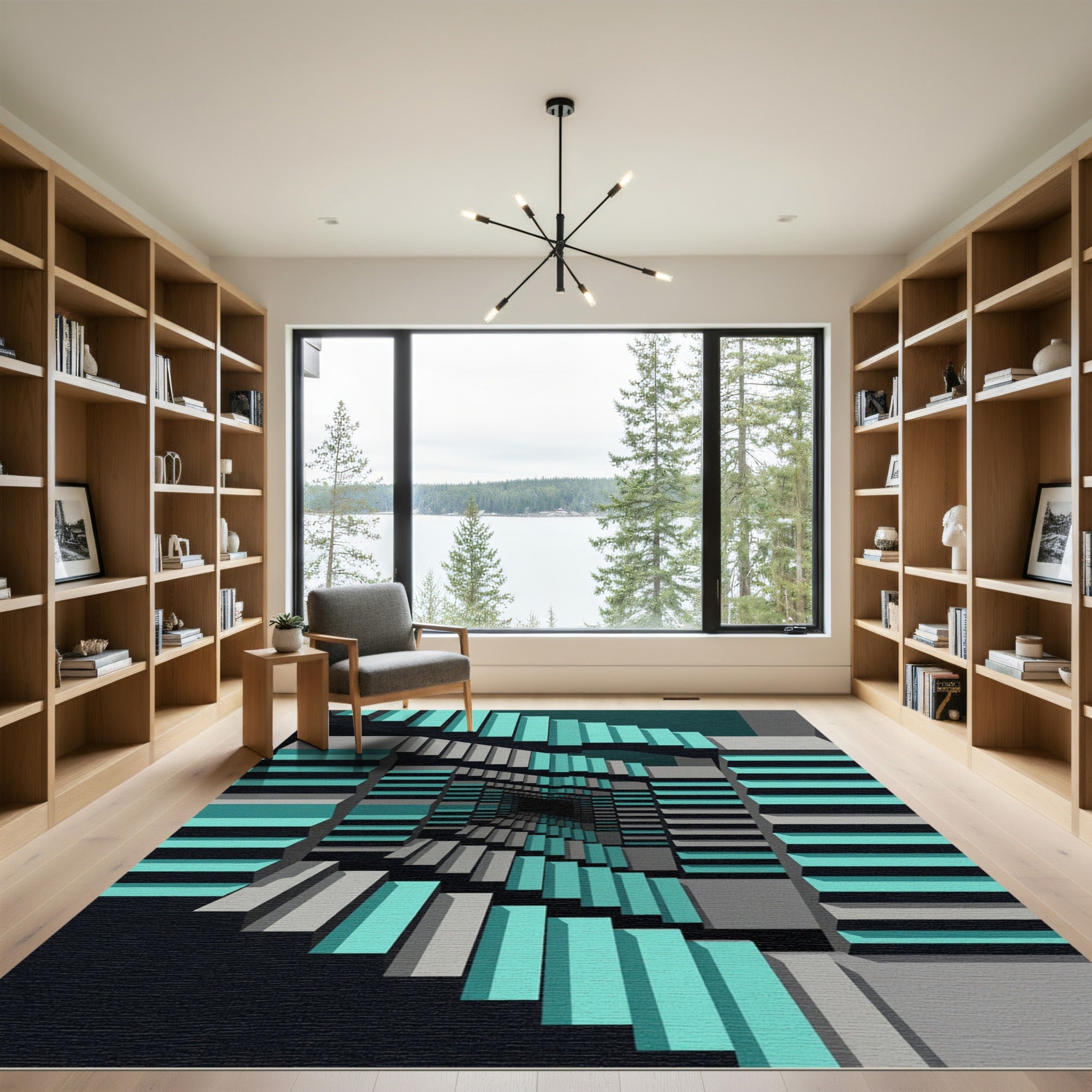 Geometric Teal and Gray Infinite Stairs Rug