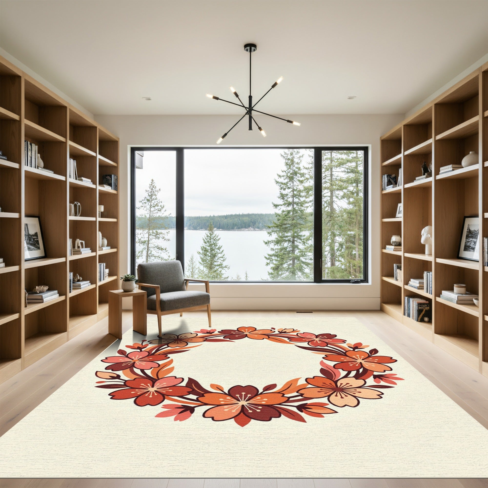 Warm Floral Wreath Red Orange Accent Rug