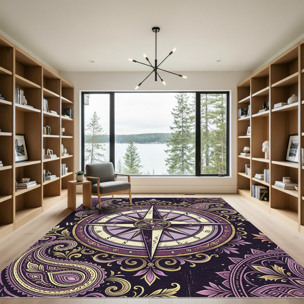 Ornate Purple Paisley Compass Medallion Rug