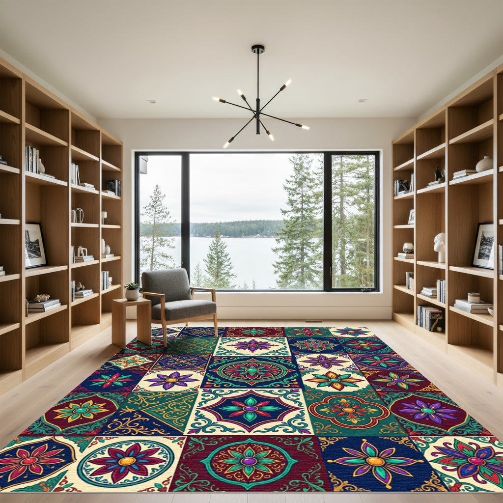 Vibrant Jewel Tone Floral Medallion Tiles Rug