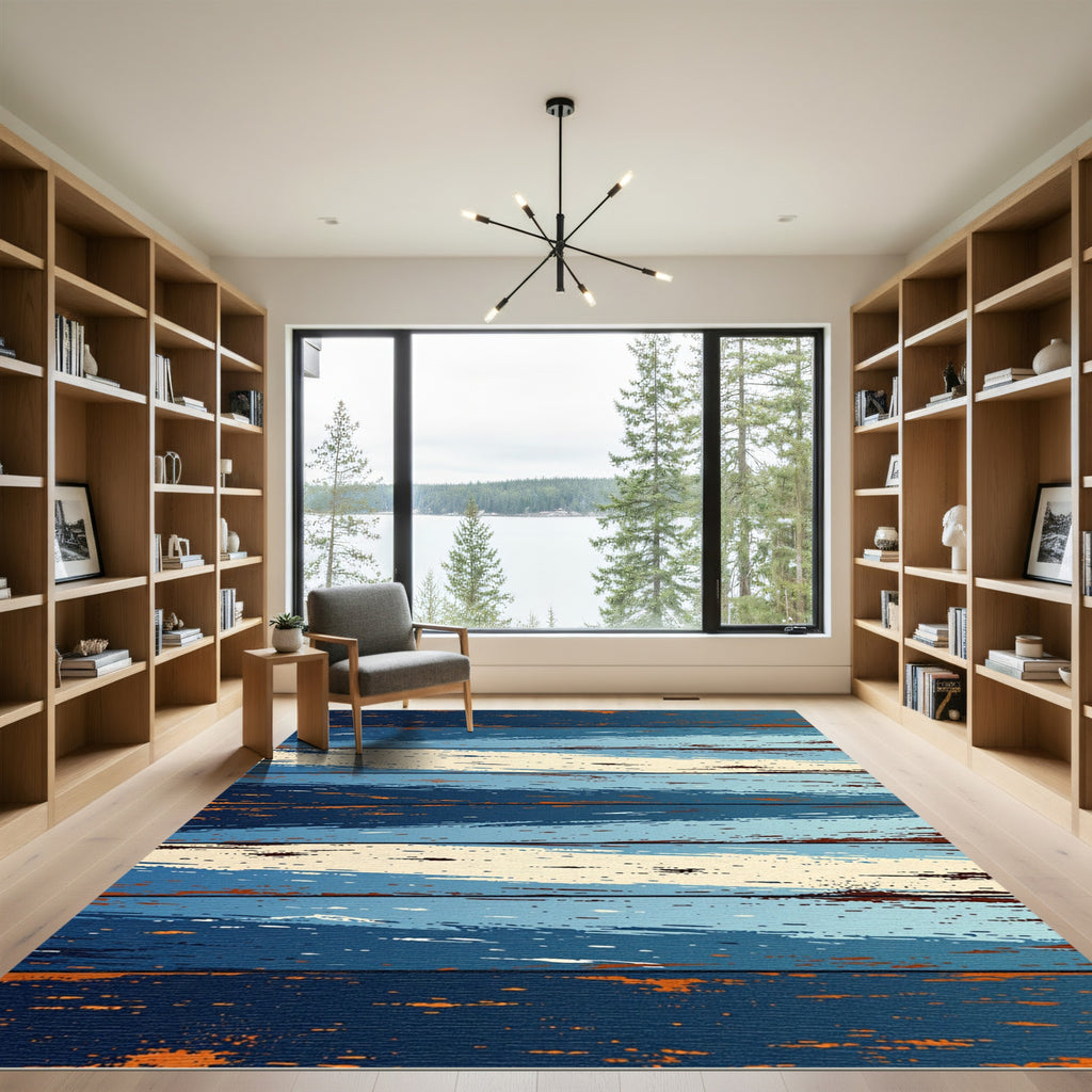 Distressed Indigo Blue Wood Grain Stripes Rug