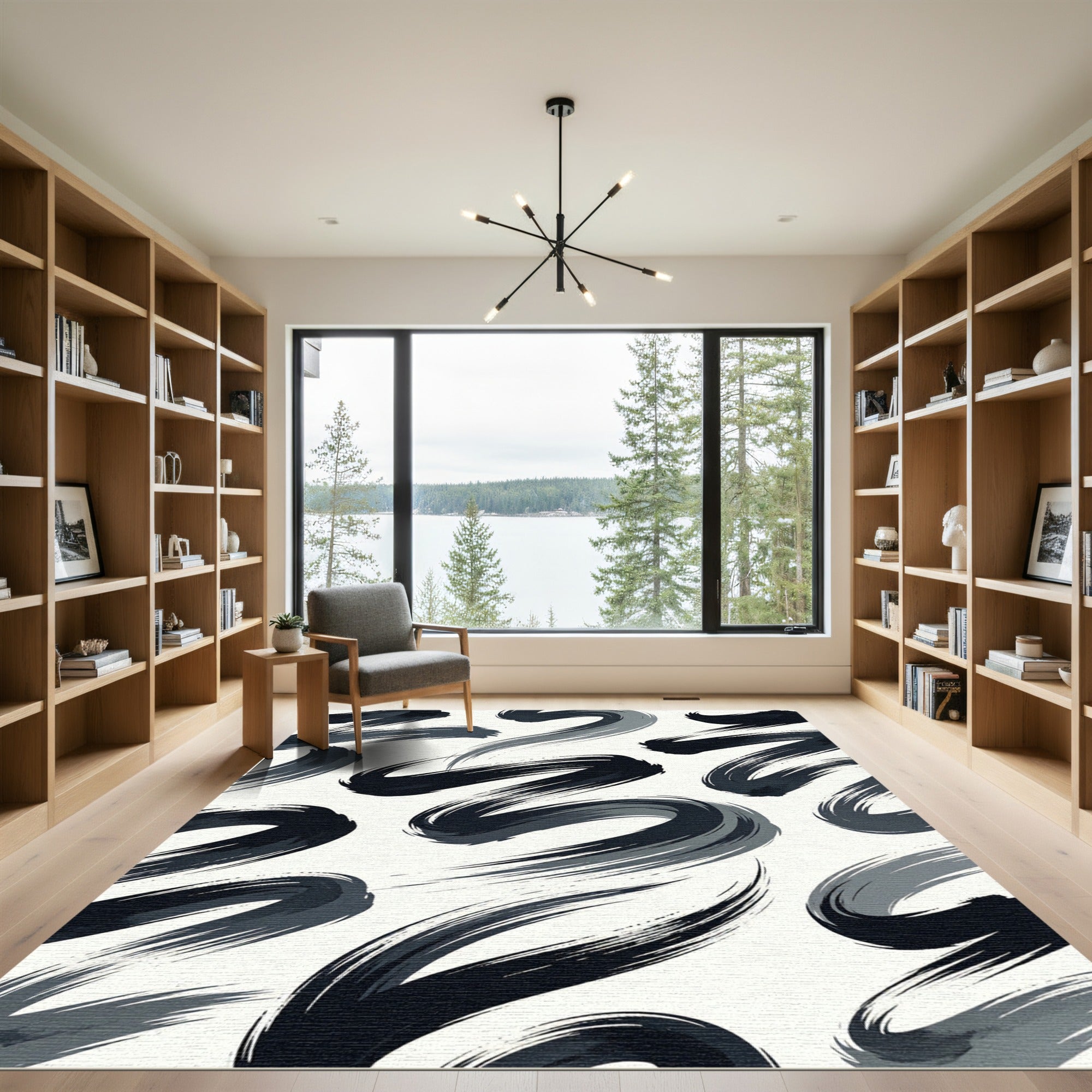 Minimalist Monochromatic Abstract Charcoal Swirl Rug