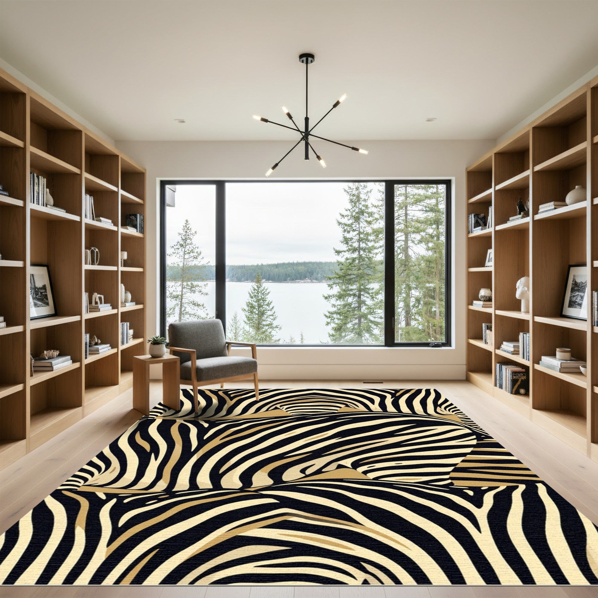 Golden Black Zebra Stripes Abstract Rug