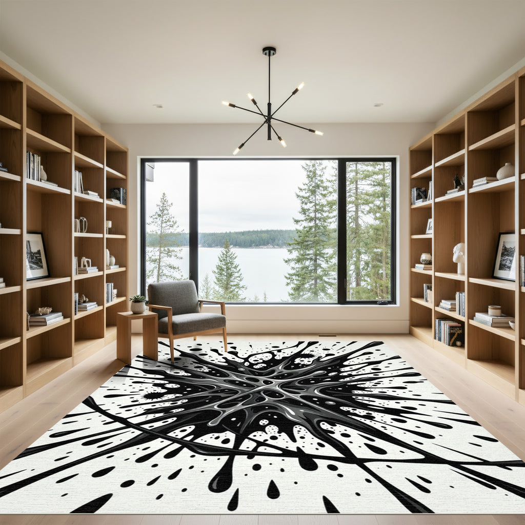 Monochrome Abstract Liquid Ink Splatter Rug