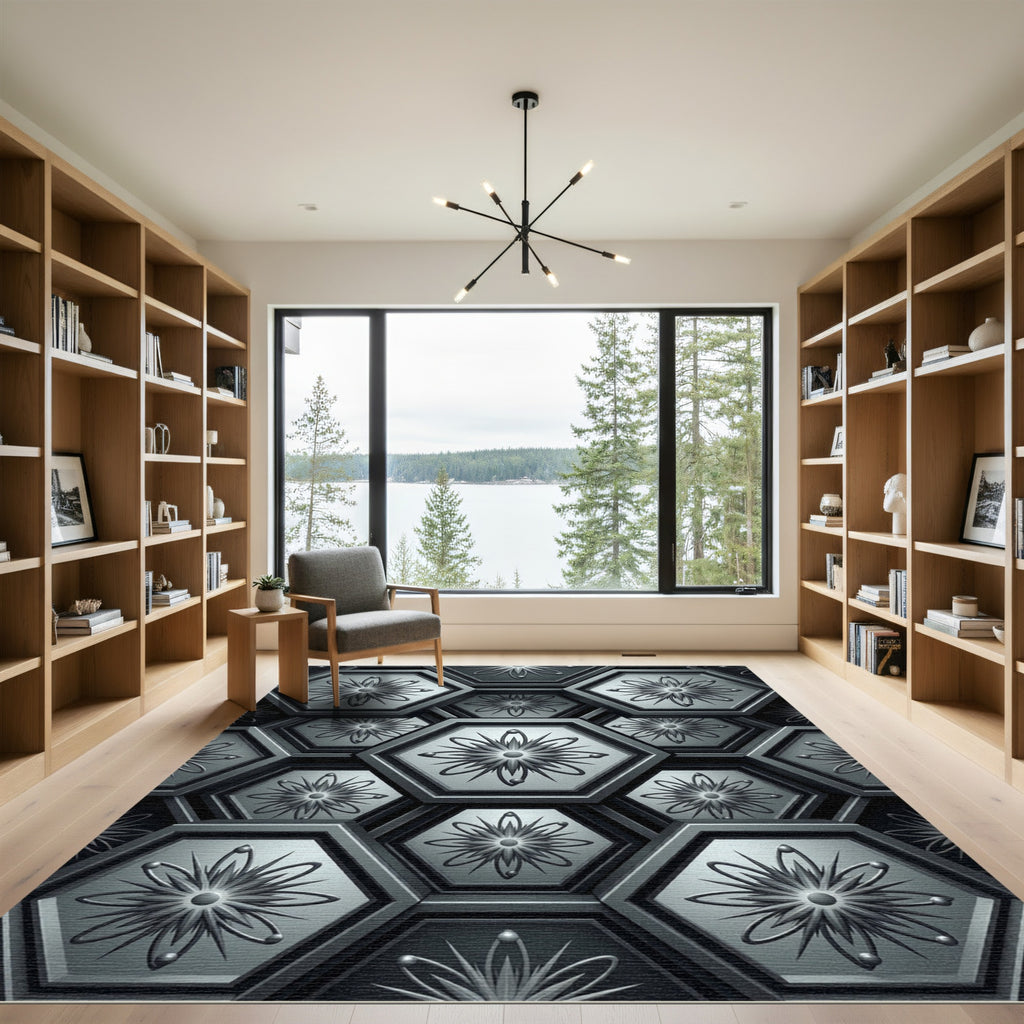 Gray Hexagonal Floral Embossed Rug