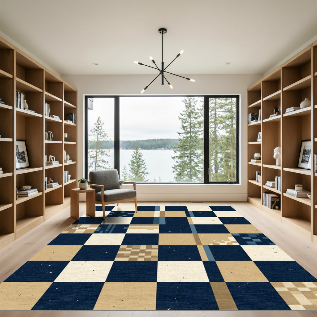 Modern Geometric Grid Navy Sand Rug