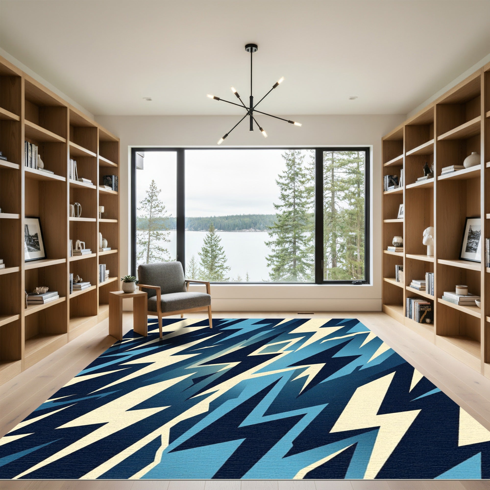 Modern Blue Geometric Lightning Bolt Rug