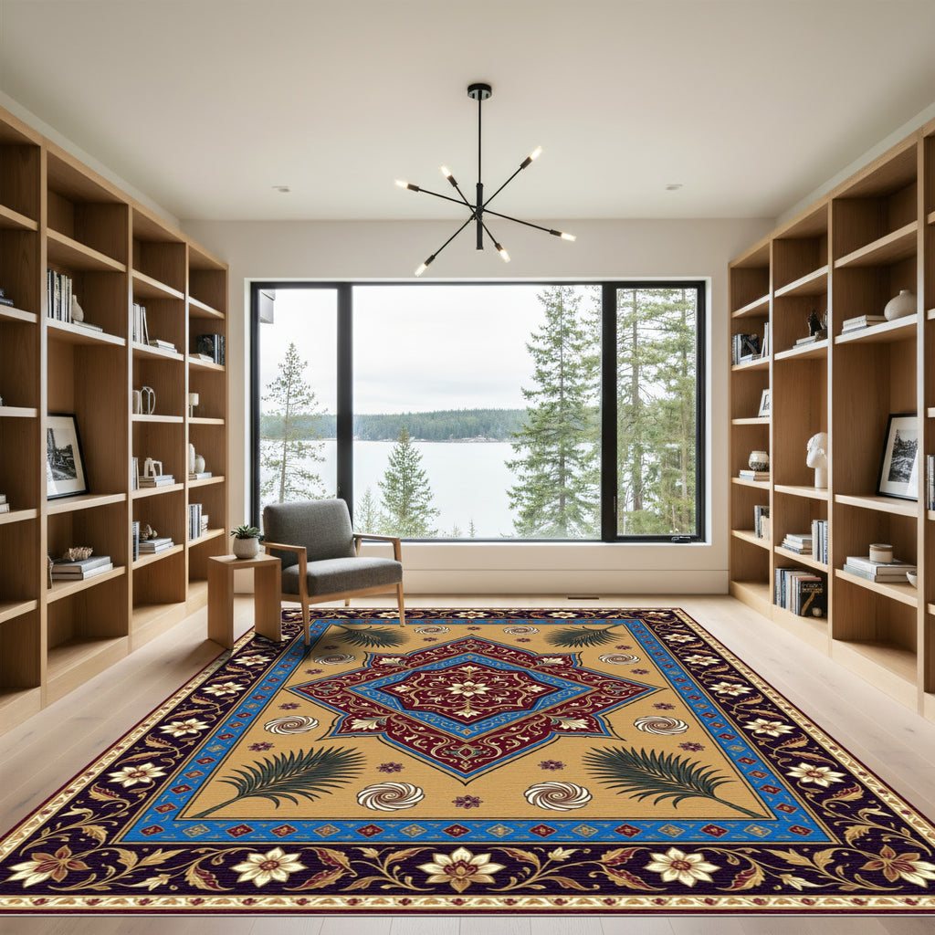 Rich Burgundy Blue Floral Medallion Rug