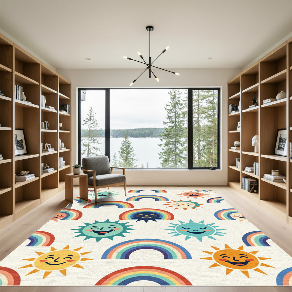 Whimsical Retro Sun Rainbow Nursery Illustration Rug