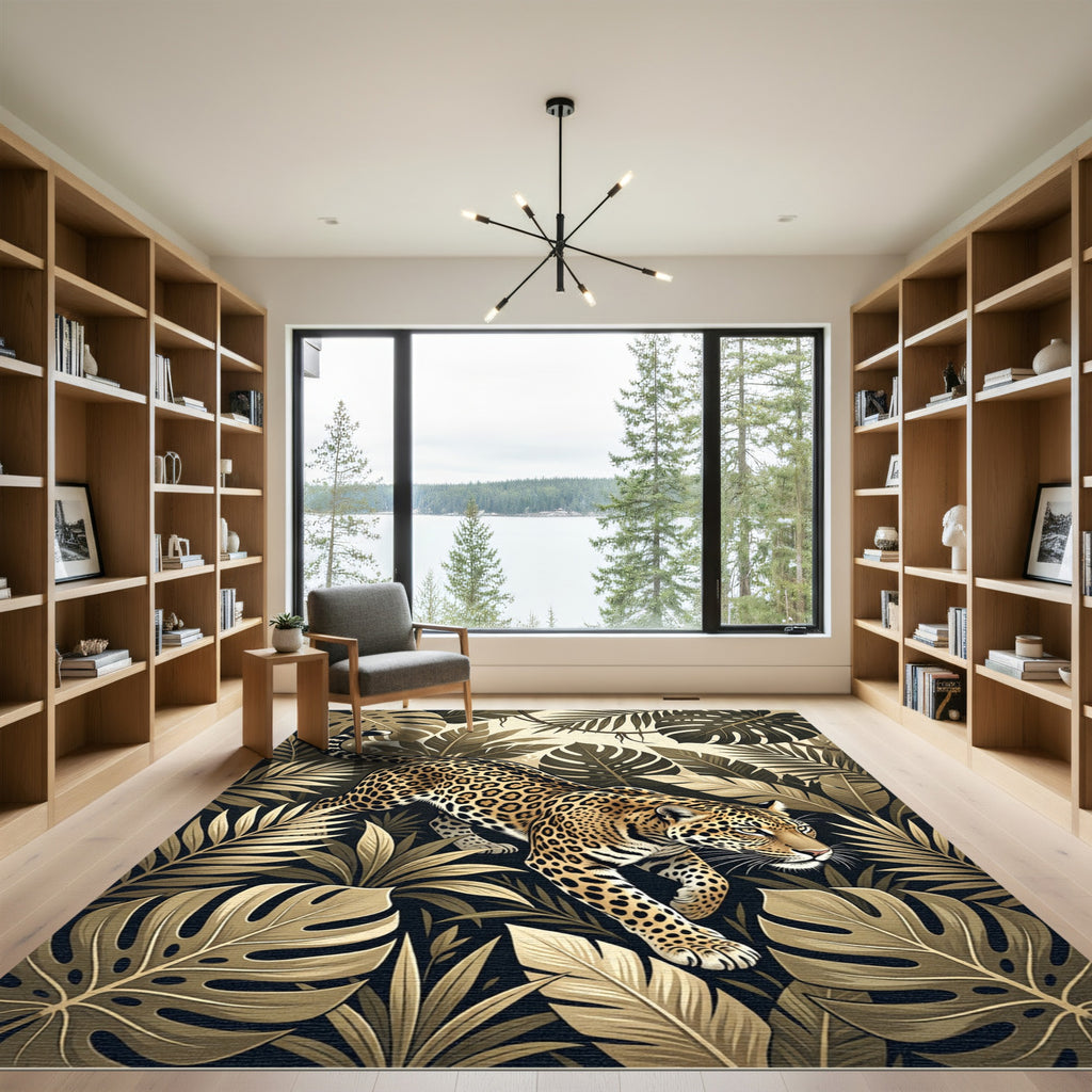 Jungle Leopard Tropical Leaf Portrait Rug