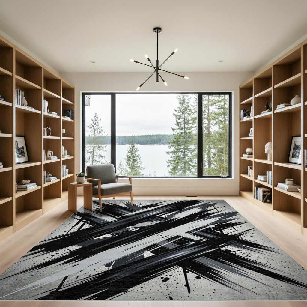 Monochrome Abstract Black and White Brushstroke Rug