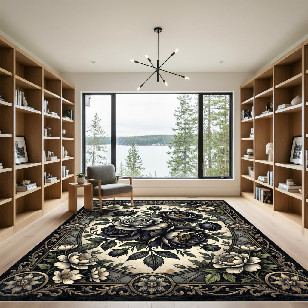 Gothic Black Rose Floral Oval Medallion Rug
