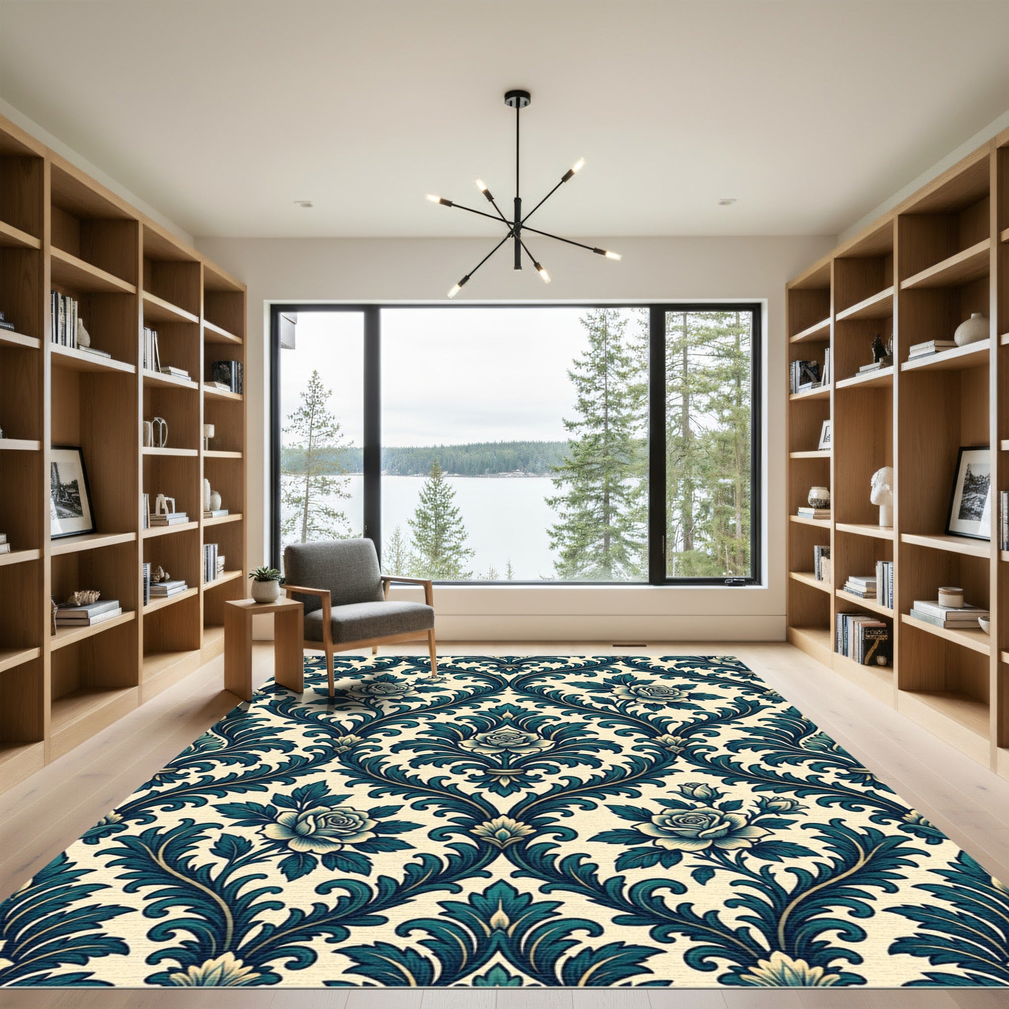 Elegant Teal Rose Damask Scroll Rug