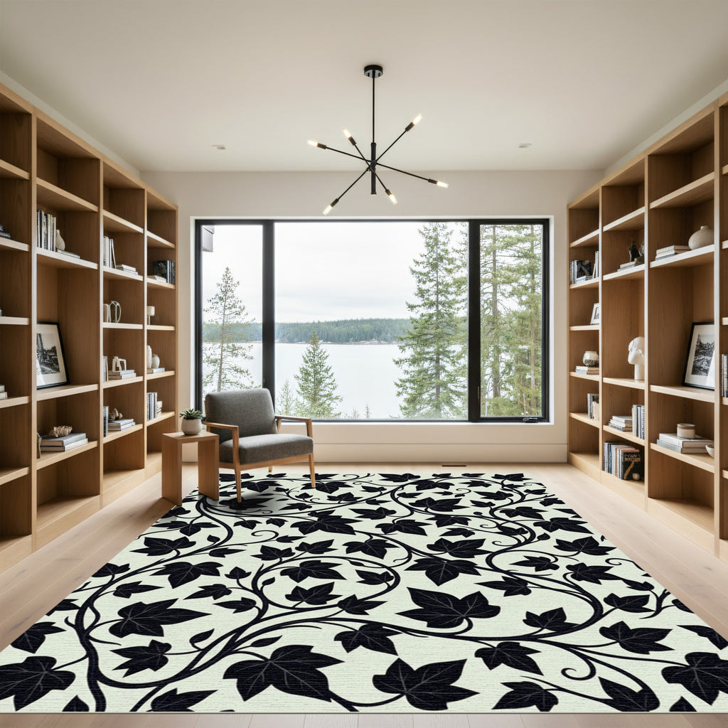 Classic Black Ivy Vine Swirls Rug