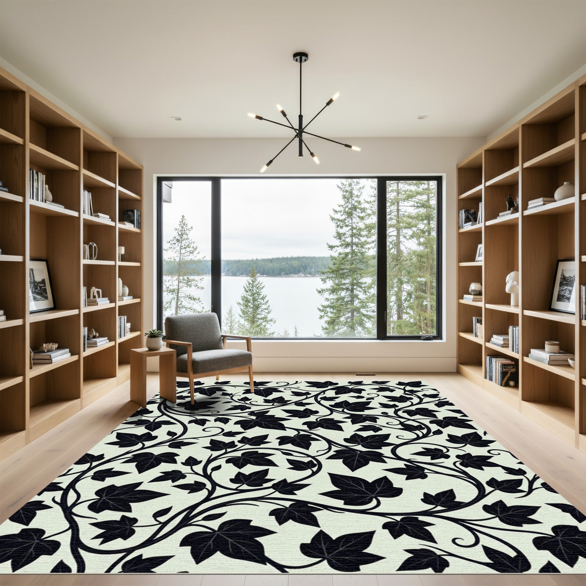 Classic Black Ivy Vine Swirls Rug