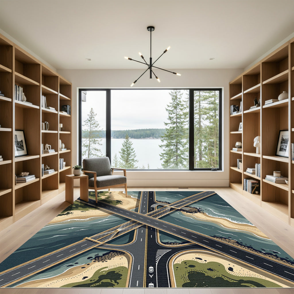 Tonal Shoreline Roadway Aerial View Rug