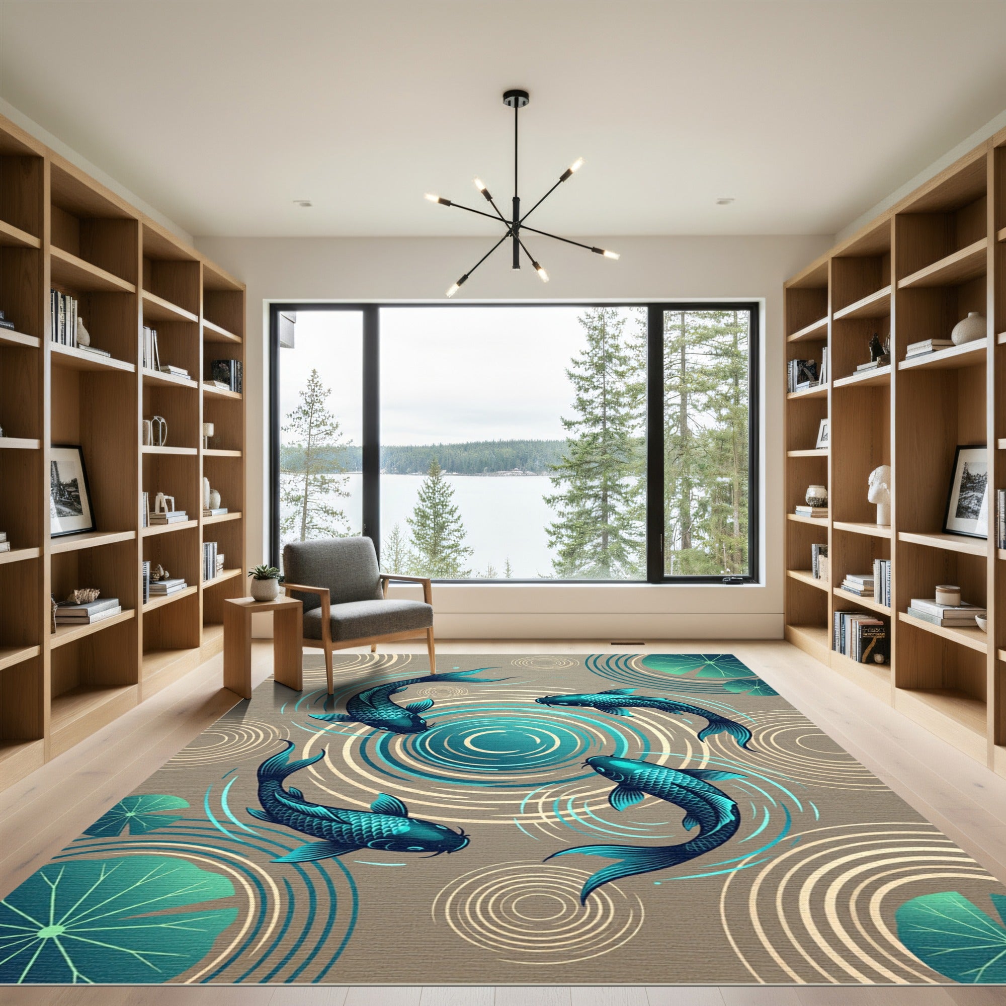 Zen Koi Pond Teal Circular Ripples Rug