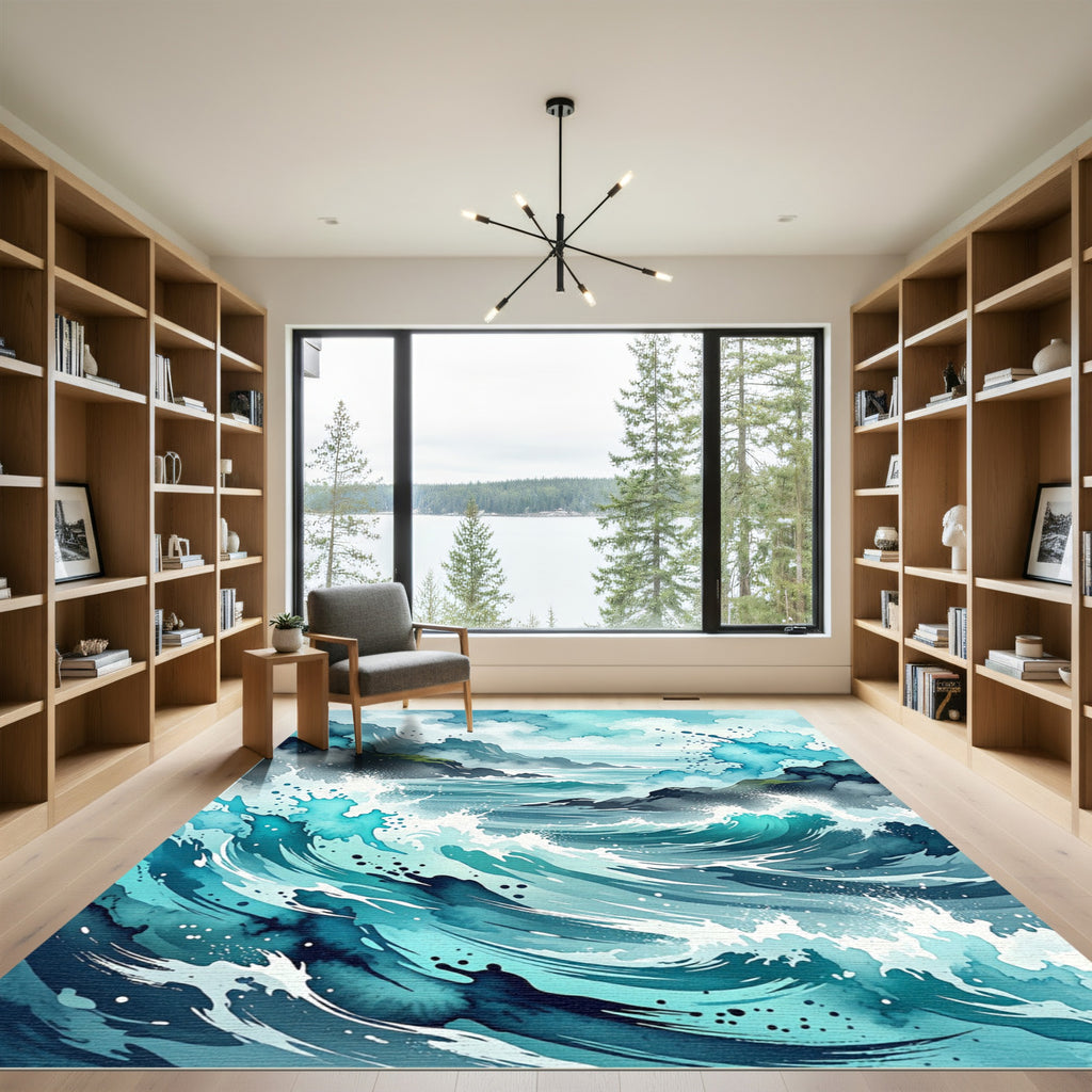 Dramatic Blue Coastal Ocean Wave Rug