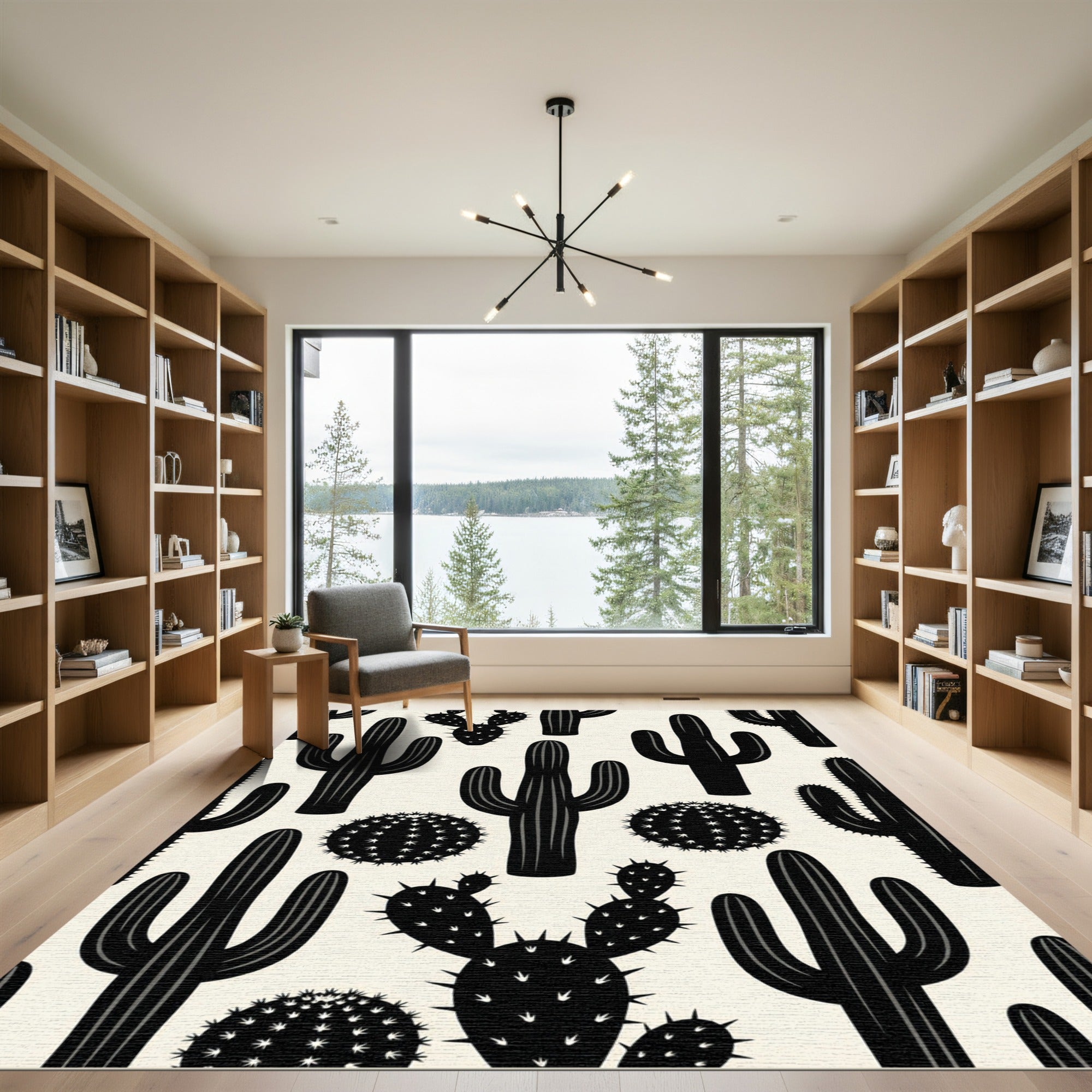 Minimalist Black and Cream Desert Cactus Rug