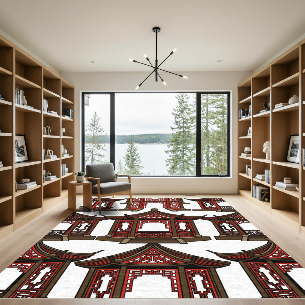 Red Brown Pagoda Architecture Pattern Rug