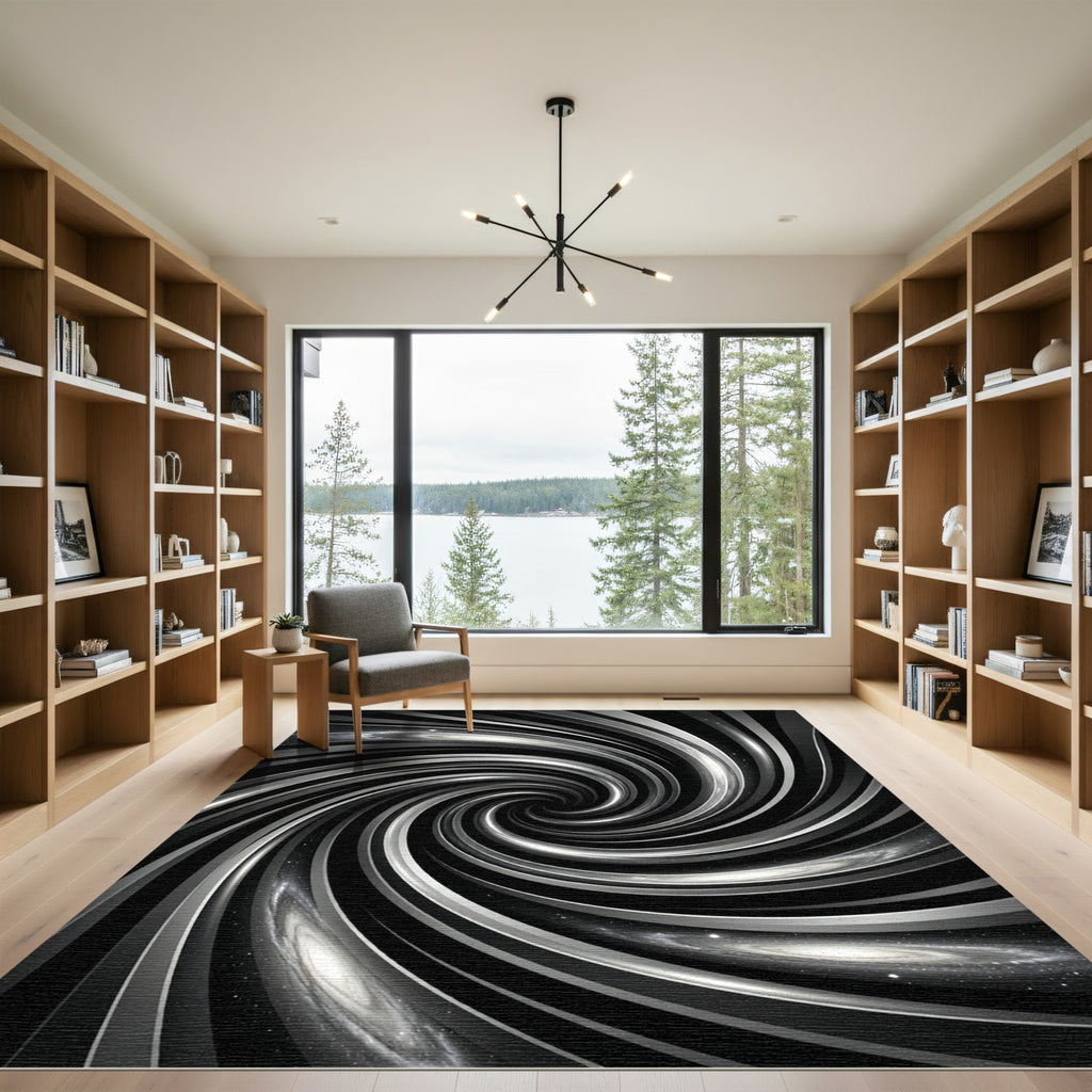 Cosmic Black and Silver Swirl Rug