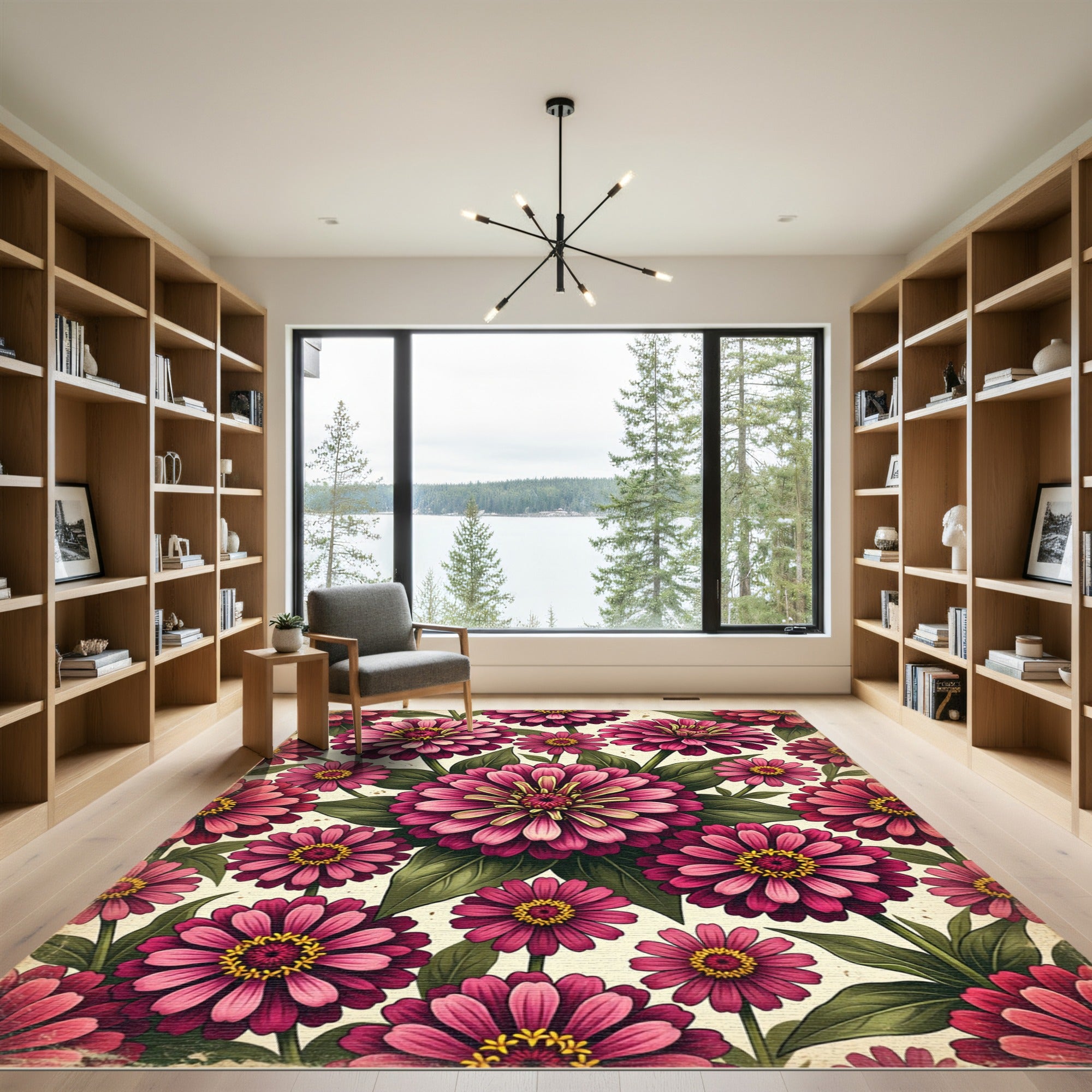 Vibrant Pink Zinnia Floral Garden Rug