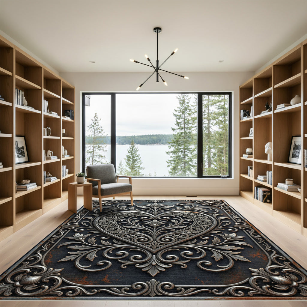 Ornate Silver Heart Damask Medallion Rug