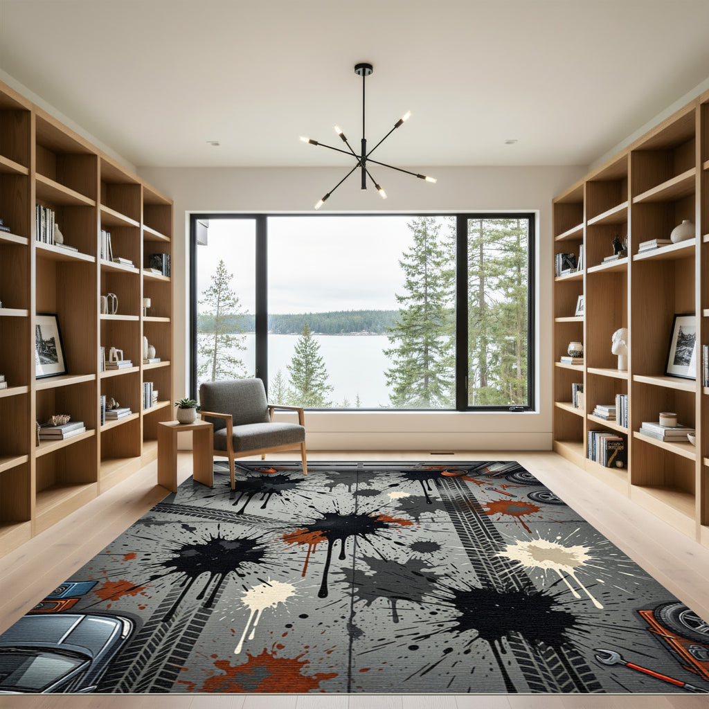 Grayscale Splatter Abstract Tire Tracks Rug