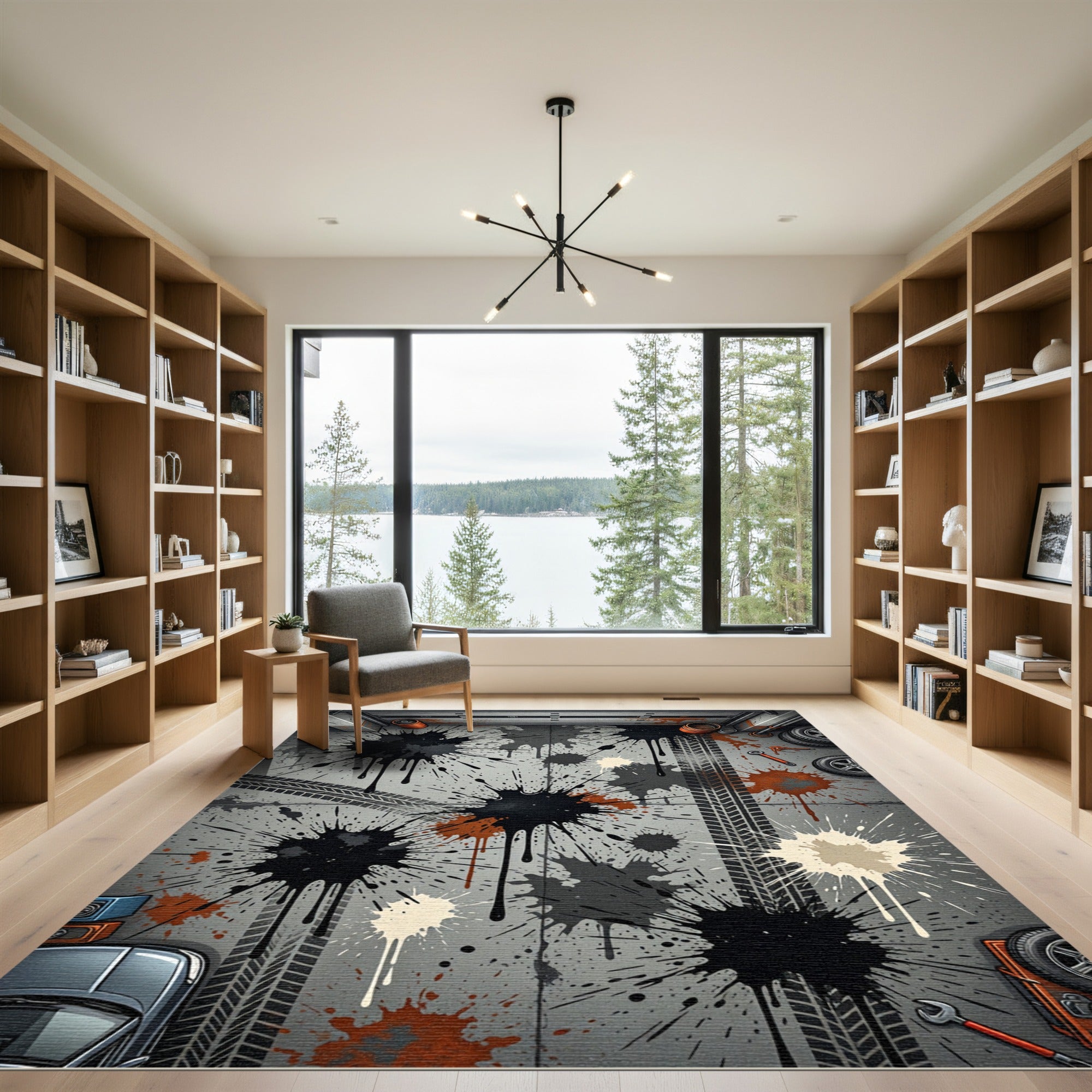 Grayscale Splatter Abstract Tire Tracks Rug