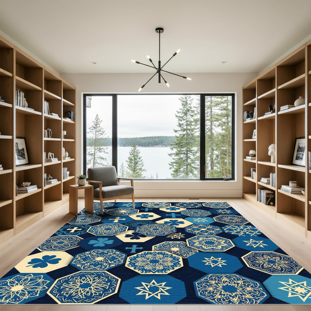 Navy Blue Hexagonal Cultural Medallion Tile Rug
