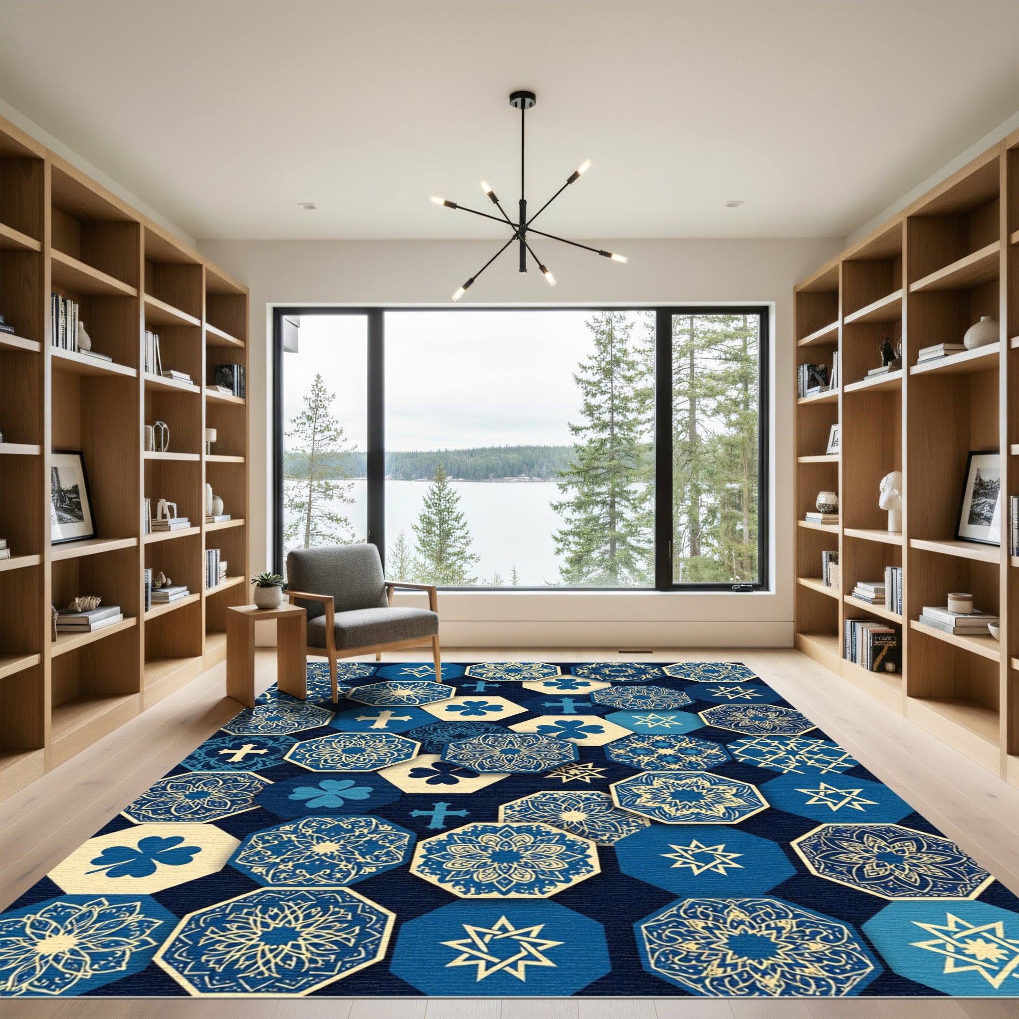Navy Blue Hexagonal Cultural Medallion Tile Rug