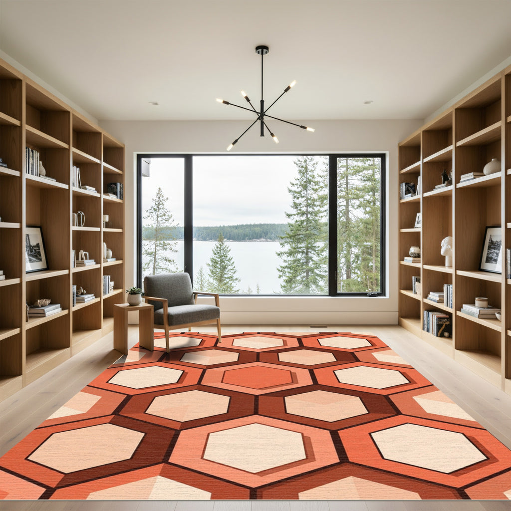 Terracotta Hexagonal Geometric Honeycomb Rug