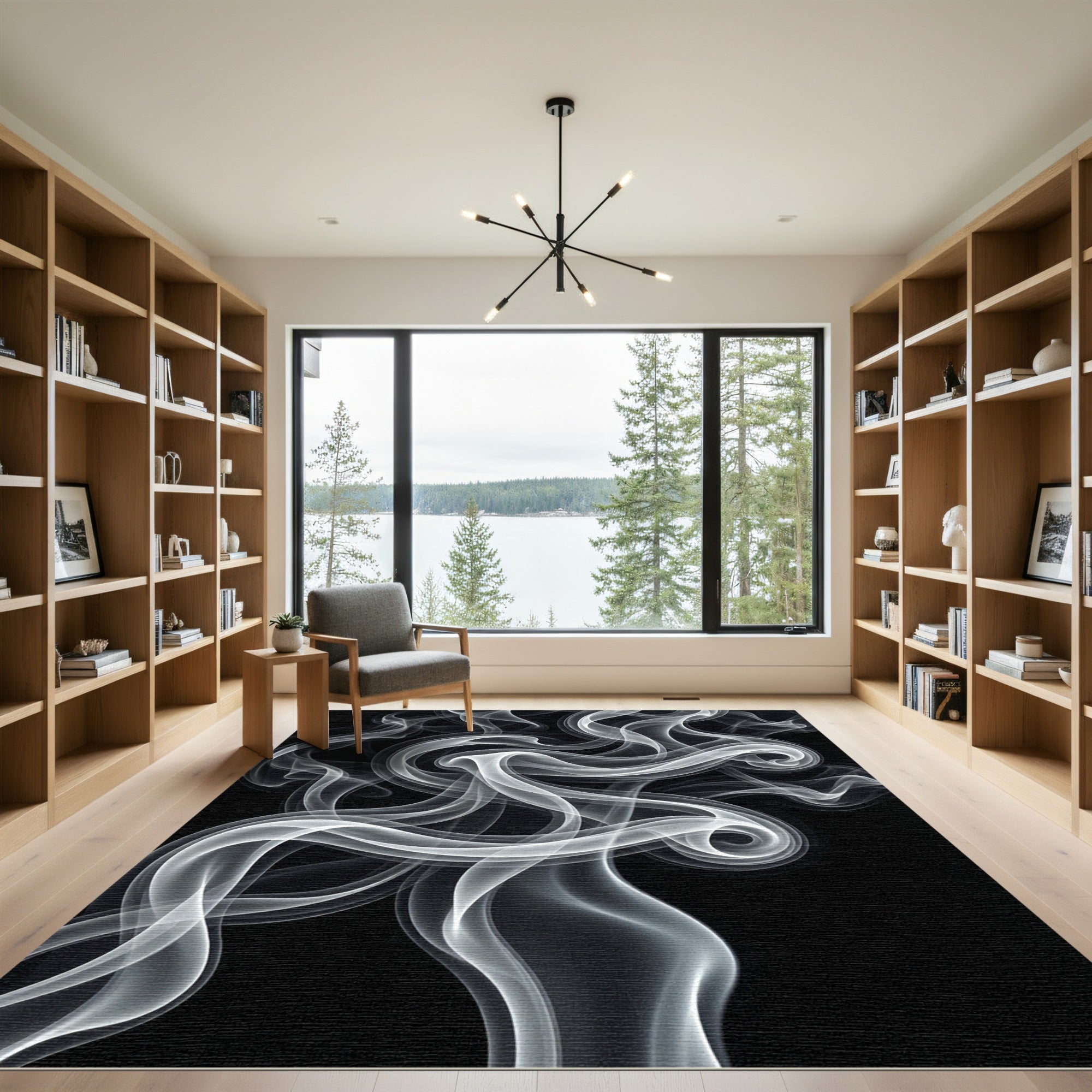 Ethereal Monochrome Fluid Smoke Swirl Rug